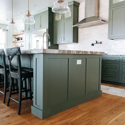 Pewter Green SW 6208 - Green Paint Color - Sherwin-Williams Green Island Kitchen, Sherwin Williams Paint Colors Green, Green Kitchen Island, Pewter Green, Green Island, Green Kitchen Cabinets, Green Paint Colors, Sherwin Williams Paint Colors, Green Cabinets