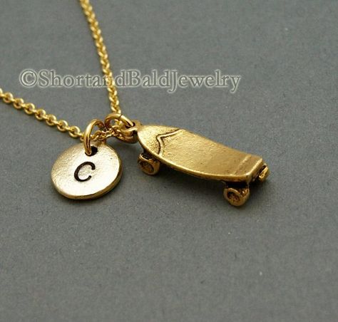 Gold Key Necklace, Skate Boards, Key Charm Necklace, Penny Board, Tiny Necklace, Gold Initial Necklace, Diamond Bar Necklace, Dainty Diamond Necklace, Sports Jewelry