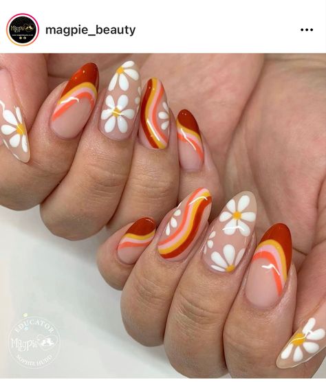 1970 Nails Design, 70s Nails Retro Orange, Groovy Floral Nails, Velma Inspired Nails, 70s Wedding Nails, 70s Disco Themed Nails, Neon Flowers Nails, 70s Floral Nails, Midcentury Nails