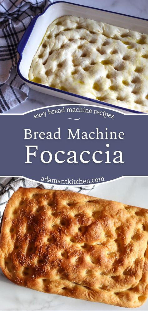 homemade focaccia bread that was freshly baked and a pan with focaccia dough Bread Making For Beginners, Bread Machine Focaccia, Easy Focaccia Bread, Easy Focaccia Bread Recipe, Bread Machine Recipes Sweet, Easy Focaccia, Easy Bread Machine Recipes, Best Bread Machine, Foccacia Bread