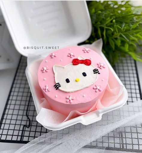 Hello Kitty Korean Cake, Hello Kitty Small Cake, Hello Kitty Mini Cake, Hello Kitty Cake Ideas Simple, Hello Kitty Bento Cake, Sanrio Bento Cake, Bento Cake Pink, Kue Hello Kitty, Bolo Bento Cake