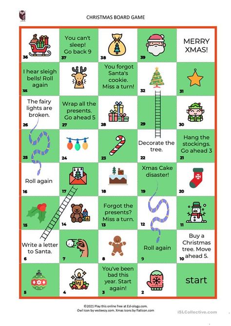 Christmas Board Game - English ESL Worksheets for distance learning and physical classrooms Christmas Board Games For Kids, Christmas Board Games Diy, Christmas Tasks For Kids, Christmas English Activities, Christmas Games For Kids At School, Esl Christmas Activities, Christmas Esl Activities, Christmas Classroom Activities, Christmas Games Online