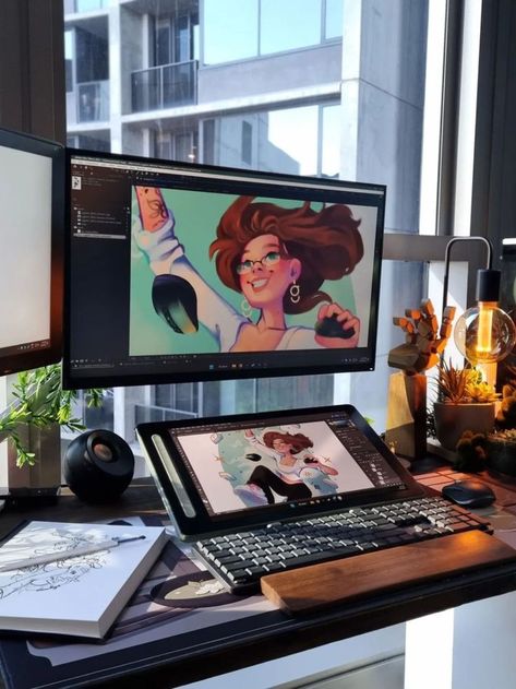 A digital artist's desk setup featuring a pen display, cozy warm lamp, and ambient lighting, perfect for creative work and inspiration. Digital Artist Desk Setup, Digital Artist Setup, Artist Desk Setup, Artist Setup, Aesthetic Workspace, Ipad Desk, Warm Lamp, Artist Desk, Artist Workspace