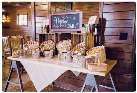 Saw this rustic set up on the bride link blog! Visit PopcornDude.com for bulk flavored popcorn! Popcorn Bar At Wedding, Popcorn Table Wedding, Rustic Popcorn Bar, Popcorn Table, Wedding Popcorn Bar, Wedding Bars, Popcorn Wedding, Wedding Snacks, Wedding Cake Prices