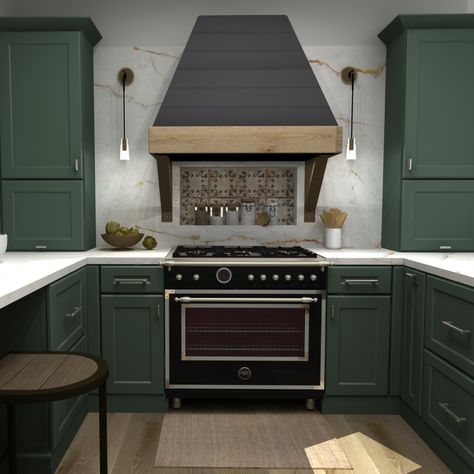 Billiard Green is here! Check out our newest finish in this rendering from Cabinets.com designer Brittany, and order your samples today! Billiard Green Cabinets, Billiard Green, Heart Kitchen, Bar Nook, Hood Ideas, Green Kitchen Cabinets, Shop Cabinets, Dark Kitchen, Green Cabinets