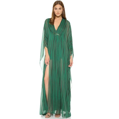 Halston Heritage Caftan Gown with Front Hardware (£395) ❤ liked on Polyvore featuring dresses, gowns, clover folded stripe print, kaftan dress, v neck dress, caftan dress, green gown and chiffon kaftan Chiffon Kaftan, Ladies Caftan, Halston Dress, Kaftan Gown, Girly Dresses, Caftan Dress, Halston Heritage, Classy Dress, Featuring Dress