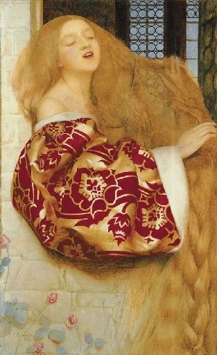 Artwork by Frank Cadogan Cowper, Rapunzel sings from the Tower, Made of pencil and watercolour with gum arabic, heightened with touches of bodycolour Frank Cadogan Cowper, Austin Osman Spare, August Sander, Alfred Stevens, Pre Raphaelite Brotherhood, Pre Raphaelite Art, Dante Gabriel Rossetti, Camille Claudel, Albert Bierstadt