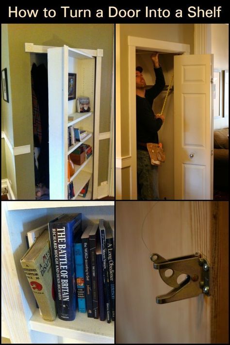 Shelf Closet Door, Behind The Door Book Shelves, Door Turned Into Shelf, Murphy Shelf Door, False Bookshelf Door, Murphy Book Shelf Door, Diy Bookshelf Door, Diy Display Shelf, Making Barn Doors