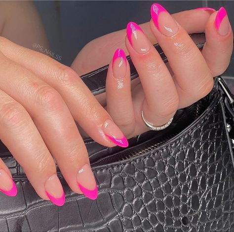 Pink Tip Round Nails, Cute Neon Pink Nails, Simple Neon Pink Nails, Fushia Tip Nails, Hot Pink Homecoming Nails Acrylic, Fuschia Nails French Tip, Barbie Pink French Tip Nails Almond, Neon Pink Acrylic Nails Short, Hot Pink French Tip Nails Oval