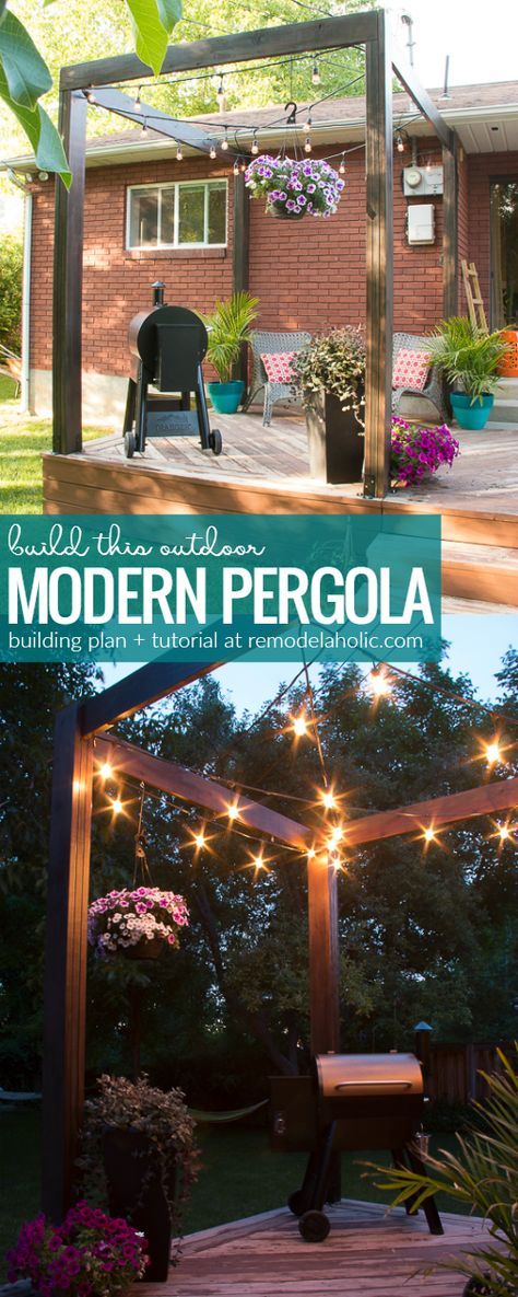 Add a beautiful modern pergola to your deck with this detailed step-by-step tutorial. This simple pergola's clean lines define an outdoor space and give you a structure to hang patio string lights and hanging planters. Full video tutorial and building plans at Remodelaholic.com Deck Pergola, Pergola Diy, Cheap Pergola, Pergola Swing, Patio Pergola, Building A Pergola, Patio String Lights, Pergola Lighting, Modern Pergola