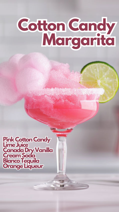 Cotton Candy Margarita Creamy Alcoholic Drinks Recipes, Candy Drinks Alcohol Recipes, Cute Cocktail Recipes, Cotton Candy Drinks Alcohol, Cute Alcoholic Drinks, Cotton Candy Margarita Recipe, White Cotton Candy Cocktail, Dessert Cocktail Recipes, Girly Alcoholic Drinks