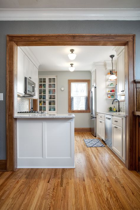 Project 3435-1 - Macalester-Groveland Tudor home kitchen remodel + small back porch addition St. Paul, MN Twin Cities Castle Building & Remodeling, Inc. Small Kitchen Remodel Ranch Style Home, Narrow Open Kitchen, Small House Additions Ideas, Small Walk Through Kitchen, One Sided Kitchen, Remodeled 1920s Home, Small Older Home Kitchen Remodel, 1950 Small Kitchen Remodel, Foyer To Kitchen Transition