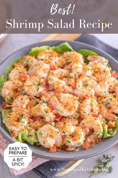 Easy to prepare, this scrumptious make ahead Shrimp Salad Recipe is fresh, flavorful - and a bit spicy, too. Jalapeno peppers, sweet peppers, fresh herbs (chives, parsley, cilantro) and lime add zing and make this recipe unique! #shrimpsaladrecipe #makeaheadsaladrecipe #coldshrimpsaladrecipe #seasonedkitchen #potluckrecipes Cold Shrimp Salad Recipes, Best Shrimp Salad, Spicy Shrimp Salad, Shrimp Salad Sandwich, Shrimp Salad Recipe, Tuna Steak Recipes, Main Salad, Sea Food Salad Recipes, Make Ahead Salads