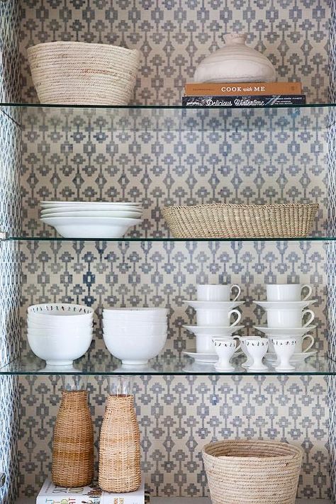 Gray wallpaper accnets the back of a kitchen cupboard fitted with glass shelves. Wallpaper Kitchen Cabinets, White Kitchen Pantry, Brooke Wagner Design, Brooke Wagner, Kitchen Center Island, White Beadboard, Gold Shelves, Wallpaper Kitchen, White Shaker Cabinets