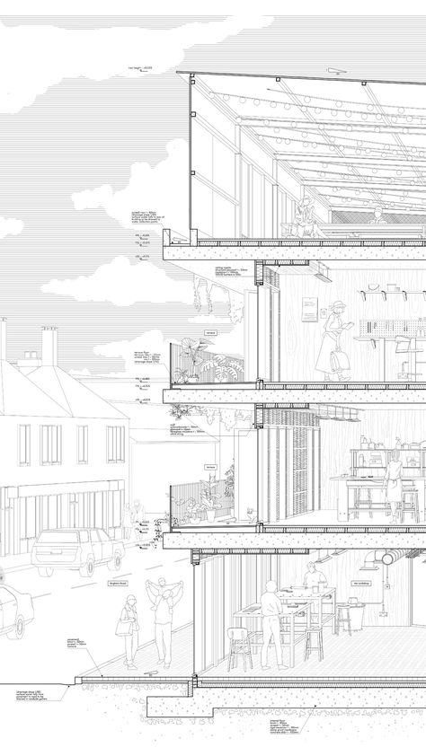 Perspective Section, Cantilever Architecture, Section Architecture, Portfolio D'architecture, Architectural Perspective, Design Portfolio Layout, Collage Architecture, Detail Arsitektur, Zaha Hadid Architecture