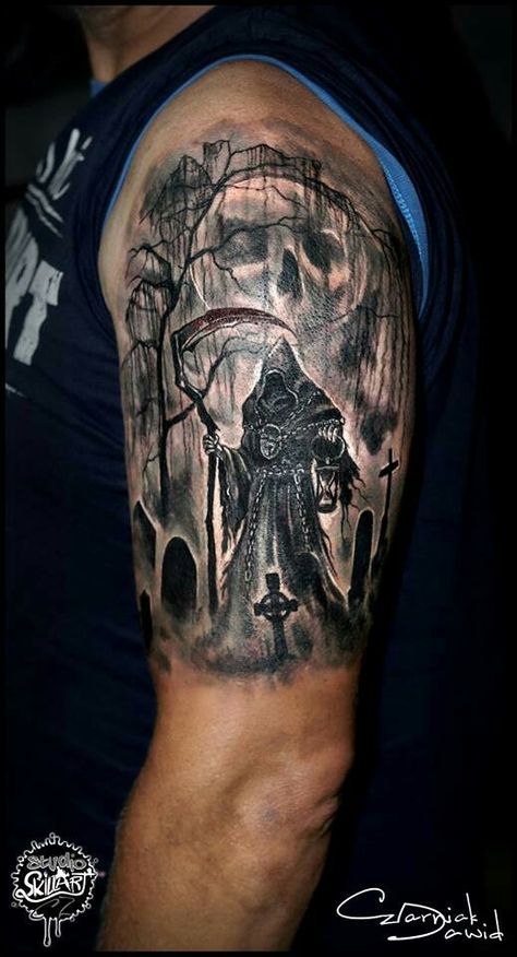 Graveyard Tattoo, Wörter Tattoos, Unique Half Sleeve Tattoos, Half Sleeve Tattoos, Cool Half Sleeve Tattoos, Grim Reaper Tattoo, Reaper Tattoo, Skull Sleeve Tattoos, Skull Sleeve