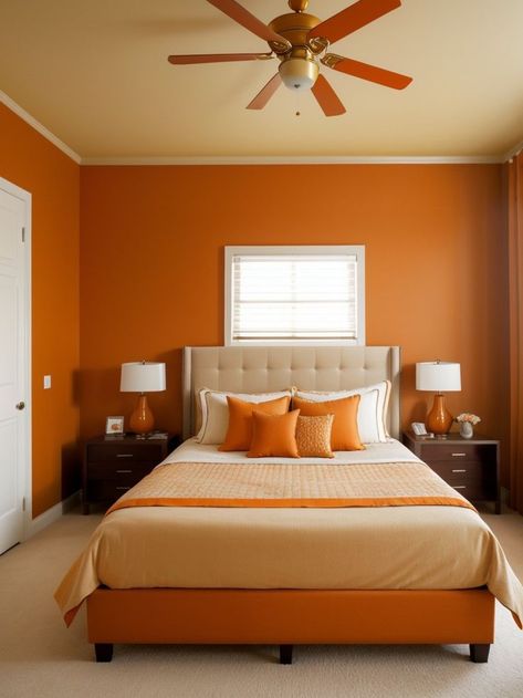 Orange Bedroom Aesthetic, Orange Accent Wall, Orange Bedroom Ideas, Beige Upholstered Bed, Orange Accent Walls, Indian Bedroom Design, Orange Bedroom, Neutral Furniture, Bedroom Wall Designs