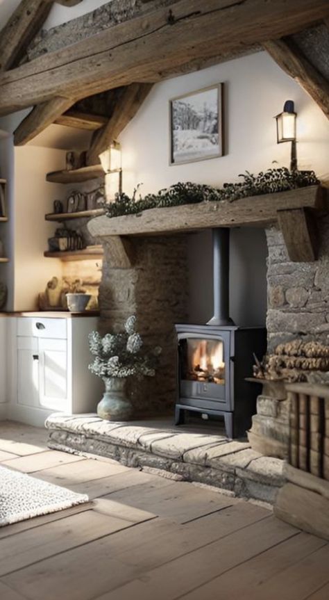 Hearth Around Wood Stove, Recessed Wood Stove, English Farmhouse Fireplace, Wood Stove Stone Surround, Wood Burning Stove With Built Ins, Fireplace Log Storage Built In, Wood Burning Stove Wall Ideas, Living Room With Wood Burning Stove, Wood Stove Inside Fireplace