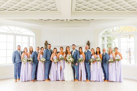 Lilac Bridesmaids And Groomsmen, Bridesmaid Dress Colors Lilac, Lilac Tuxedo Wedding, Lilac Colour Scheme Wedding, Wedding Color Palette Lilac, Lilac Wedding Party Attire, Navy Suits Purple Bridesmaids, Lilac And Baby Blue Wedding, Heather Blue Suit