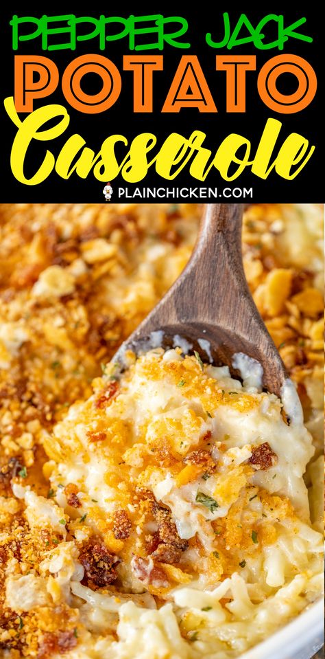 Pepper Jack Potato Casserole - our favorite potato casserole recipe. It is like a cross between traditional potato casserole and scalloped potatoes. LOVE the cheesy bacon cracker crust!!! Frozen shredded hash browns, cream of chicken soup, heavy cream, pepper jack cheese, butter, sour cream, onion powder, garlic powder, ritz crackers, parmesan and bacon. Can make ahead and freeze for later. I always have a batch on hand for a quick and delicious side dish! #potatocasserole #freezermeal #sidedish Million Dollar Twice Baked Potato Casserole, Mashed Potato Casserole Recipes Easy, Potato Recipes With Cream Cheese, Easy Mashed Potato Casserole, Loaded Baked Mashed Potatoes, Easy Twice Baked Potatoes Casserole, Twice Baked Mashed Potato Casserole, Mashed Potatoes Casserole Recipes, Mash Potato Casserole