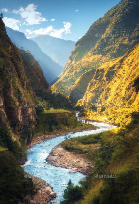 Amazing landscape with high Himalayan mountains, river Himalayas Mountain, Mountain Landscape Photography, Kathmandu Valley, Mountain Valley, Mountain River, Sky And Clouds, Tropical Paradise, Beautiful Islands, Mountain Landscape