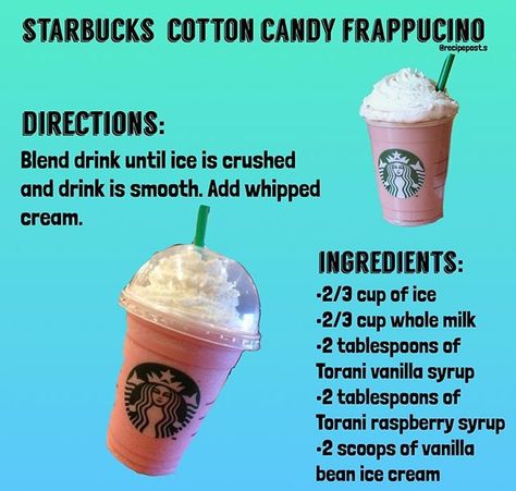 Starbucks Cotton Candy Frappe Recipe Cotton Candy Frappe, Torani Syrup Recipes, Disney Themed Food, Disney Inspired Food, Cold Starbucks Drinks, Frappe Recipe, Low Sugar Desserts, Blended Drinks, Raspberry Syrup