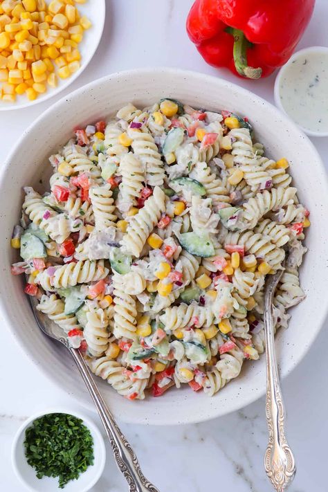 Tuna & Sweet Corn Pasta Salad – Goodness Avenue Tuna And Corn Salad, Pasta Salad Tuna Cold, Protein Tuna Pasta Salad, Tuna Bean Pasta Salad, Tuna Sweetcorn Pasta, Salad Cream, Corn Pasta, Healthy Tuna, Tuna Salad Pasta