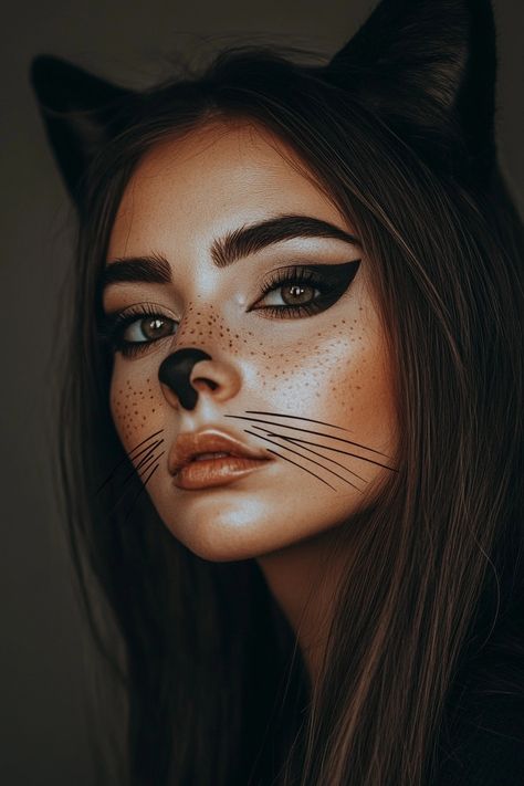 21 Easy Cat Makeup Halloween Ideas You’ll Want to Try Cute Cat Makeup For Halloween, Animal Face Makeup, Animal Makeup Looks, Easy Cat Makeup Halloween, Makeup Halloween Looks, 70s Inspired Makeup, Animals Makeup, Cat Face Makeup, Simple Cat Makeup