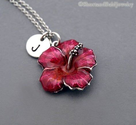 Hibiscus Flower Jewelry, Hibiscus Flower Necklace, Flower Jewelry Holder, Hibiscus Jewelry, Hibiscus Necklace, Silver Initial Necklace, Necklace Initial, Necklace Antique, Jewelry Accessories Ideas