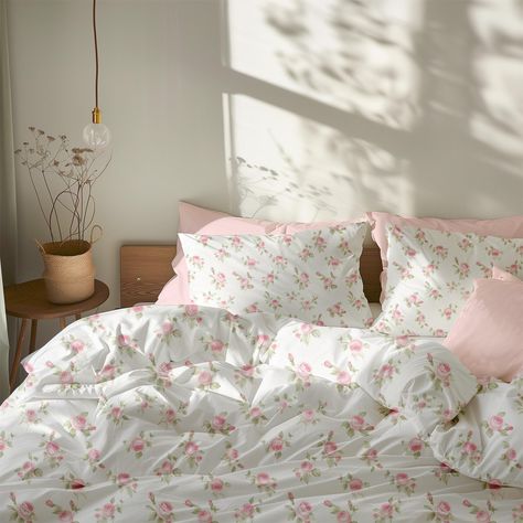 Designing a floral bedroom or dorm room? Then this pink flower bed set is a perfect match for your floral bedding!  ♥ BEDDING OPTIONS This cottagecore floral bedding set comes with the option to purchase just the pink floral comforter or duvet cover in your choice of twin, twin xl, queen, or king size (depending on which option you select between comforter and duvet), as well as the option to add on the matching 2 coquette pillowcases. 1.  Comforter only in bed size of your choice 2. Duvet cover Floral Bed Sheets White Comforter, Cute Aesthetic Bedding, Floral Bed Spread, Pink Floral Duvet Cover, Cozy Floral Bedroom, Pink Flower Bedding, Bed Comforter Sets Pink, Cute Duvet Cover, Cute Pink Bedding