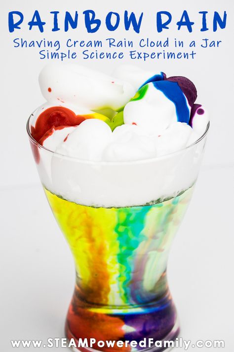 Simple science with gorgeous results in this Rainbow Rain experiment. Shaving Cream Rain Cloud in a Jar is a stunning and easy experiment. With just 3 supplies, you can create this stunning experiment and explore the weather and rain clouds, plus the science of diffusion. This beautiful experiment will excite kids and opens the door for them to be curious and test new experiments and variables. Mastering the Scientific Method. #ShavingCreamRain #RainClouds #Rainbow #ScienceExperiment #Homeschool Science Experiments Middle School, Rain Experiment, Rain Cloud In A Jar, Cloud Experiments, Rainbow In A Jar, Homemade Moon Sand, Cloud In A Jar, Fun Experiments For Kids, Rainbow Experiment