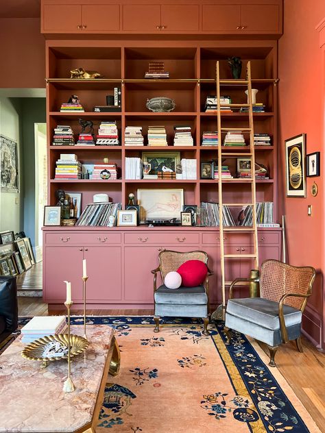 Owners embrace color and eclectic style inside restored 1850s Greek Revival home Make Plant Pots, Painted Bookshelves, Greek Revival Home, Pot Design, Exposed Brick Walls, Shape Shifting, Greek Revival, Pretty Room, Pink Room