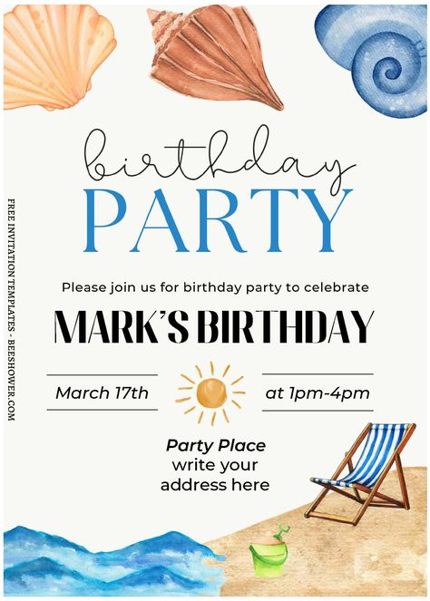 Awesome (Free Editable PDF) Beautiful Summer Party Invitation Templates Beach Birthday Party Invite, Summer Invite Template, Birthday Invitations Beach Theme, Birthday Invitations Pool Party, Beach Theme Party Invitations, Summer Birthday Invitations Templates, Beach Parties Ideas, Summer Invitation Card, Beach Birthday Invite