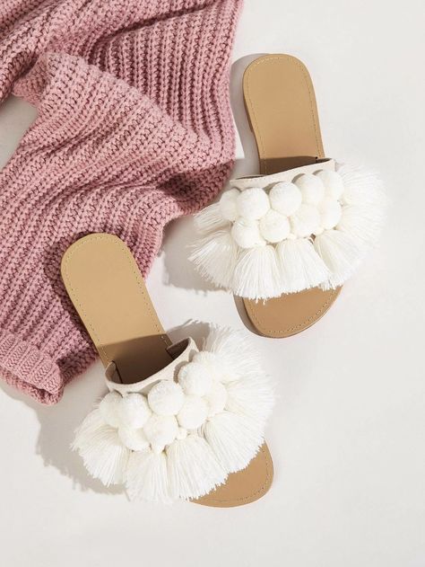 Pom Pom & Tassel Decor Sliders | SHEIN USA Pom Pom Sandals, Heels Patterns, Tassel Decor, Slider Sandals, Tassels Decor, Font Face, Wool Balls, Womens Sandals Flat, Font Family