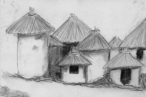 Village Drawing Landscapes, Drawing Landscapes, African Hut, Village Drawing, African Art Projects, African Village, Clown Paintings, African Paintings, African Art Paintings