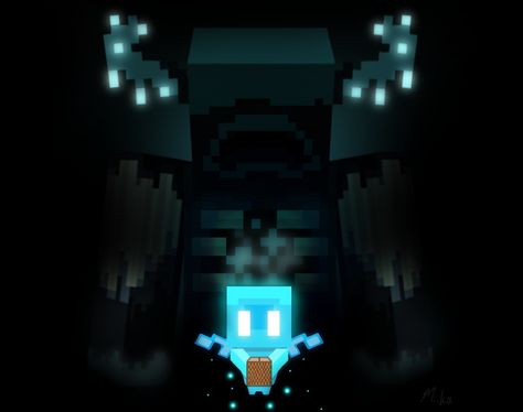 Digital drawing of the allay, an adorable winged blue mob in Minecraft, holding a jukebox while the warden, a hostile mob in Minecraft, lurks from behind The Warden, Minecraft, Digital Drawing, Fan Art, Drawings, Blue