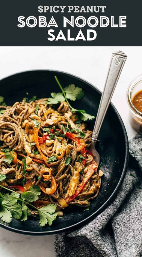 Spicy Peanut Soba Noodle Salad - red peppers, cabbage, chicken, soba noodles, and a quick homemade spicy peanut sauce. Salads don't get much yummier than this. #salad #sobanoodle #glutenfree Sweet Potato Noodle Salad, Cabbage Chicken, Salad Options, Healthy Pasta Salad Recipes, Soba Noodle Salad, Soba Noodles Salad, Pinch Of Yum, Soba Noodle, Noodle Salad Recipes