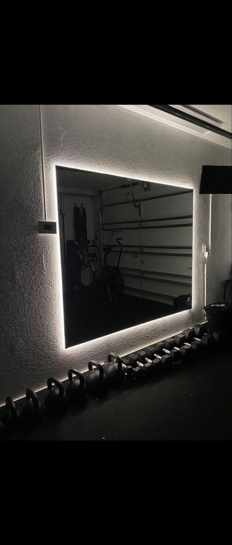 Make your own $1500+ backlit mirror for $250 Backlit Mirror Gym, Gym Mirrors Wall, Backlit Gym Mirror, Backlit Mirror Diy, Diy Backlit Mirror, Home Gym Wall Color, Gym Mirror Wall, Gym Basement, Home Gym Mirrors