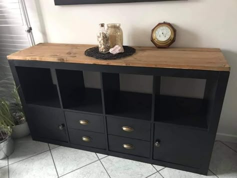 Paint Ikea Kallax Shelf, Black Kallax Styling, Kallax Black, Kallax Table, Kallax Upcycle, Ikea Dresser Makeover, Ikea Furniture Makeover, Ikea Kallax Shelf, Mobile Home Renovations