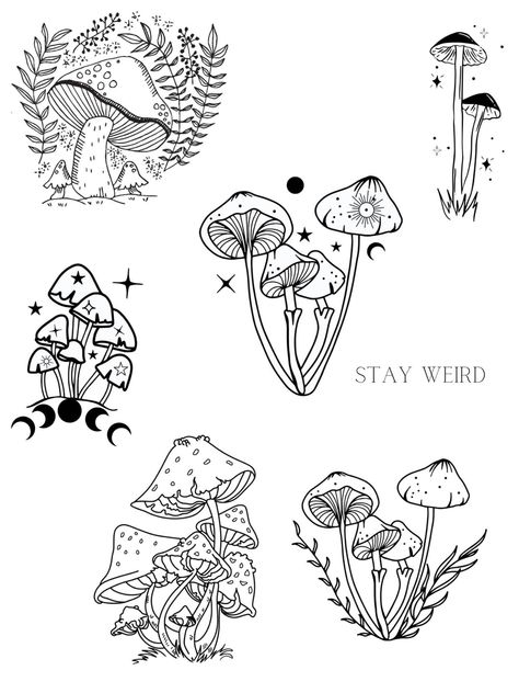 Tattoo Flash Sheet Mushroom, Mini Tats Mushroom, Tall Mushroom Tattoo, Mushroom Rib Tattoo, Mushroom And Vines Tattoo, Mushroom Filler Tattoo, Colored Mushroom Tattoo, Japanese Mushroom Tattoo, Psilocybin Mushrooms Tattoo