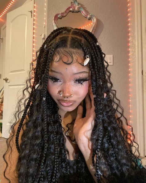 @bugged.out111 on IG Goddess Braids With Jewels, Fairy Braids Black Women, Braids Curls Hairstyles, Angel Braids Black, Fairy Braids Hairstyles Black, Messy Goddess Braids, Braids With Crystals, Bugged Out 111, Alt Braided Hairstyles