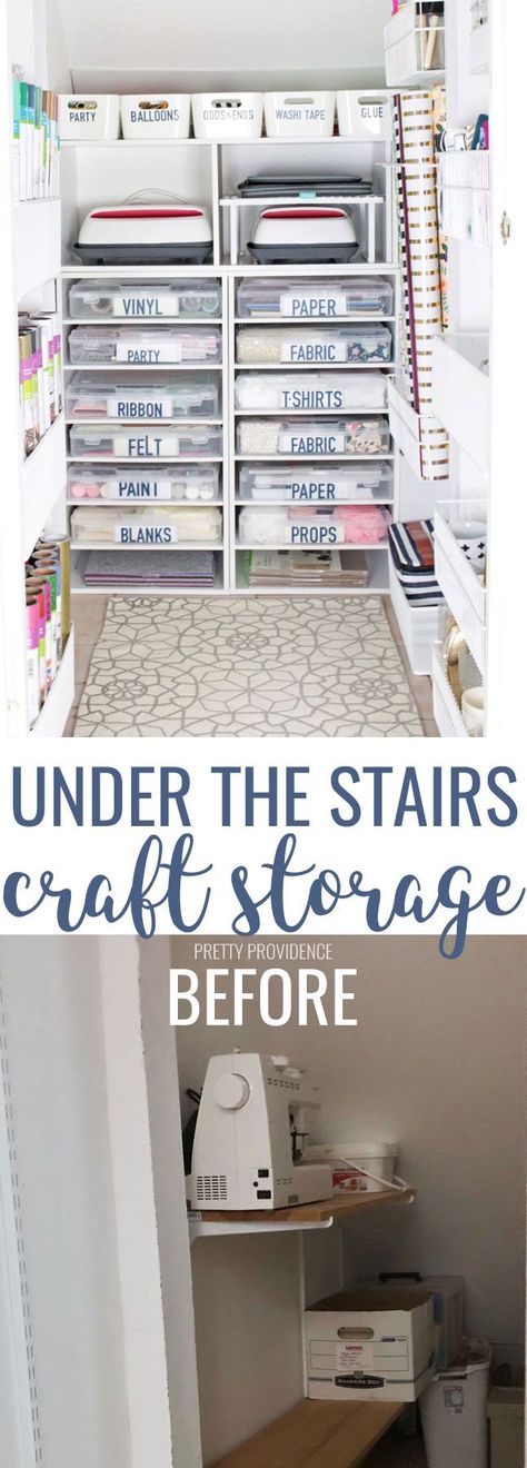 This under stairs storage closet has been transformed into craft storage heaven! This is the craft closet of my dreams, with tons of organization ideas. Vinyl storage, ribbon storage, scrapbook paper storage, and more! #craftstorage #craftroomstorage #craftroom #cricut #cricutmade #ribbonstorage #understairscloset #understairsorganization #elfa #organization #organize #craftroomideas Under Stairs Craft Room, Elfa Organization, Under Stairs Storage Closet, Cricut Room, Cricut Organization, Craft Storage Closet, Crafting Organization, Stairs Closet, Cricut Storage