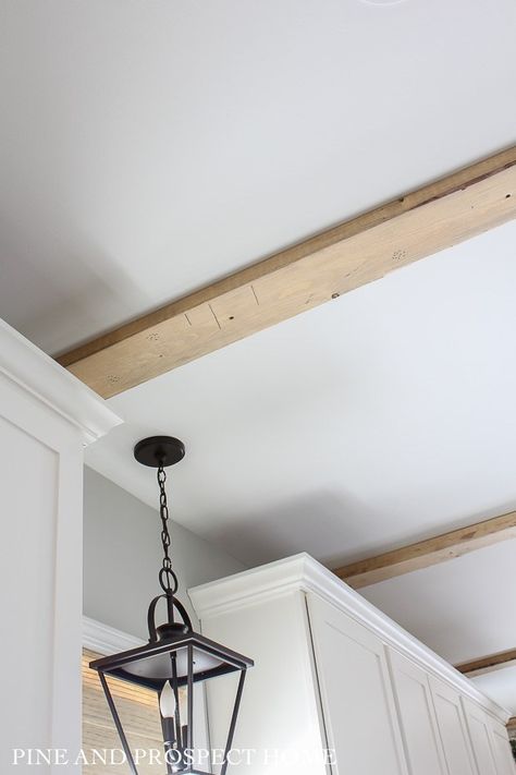 Easiest Faux Beams Ever! - Pine and Prospect Home Fake Wood Beams, Ceiling Beams Living Room, Faux Ceiling Beams, Pine And Prospect Home, Pine And Prospect, Beams Living Room, Reclaimed Wood Beams, Fake Wood, Galley Style Kitchen