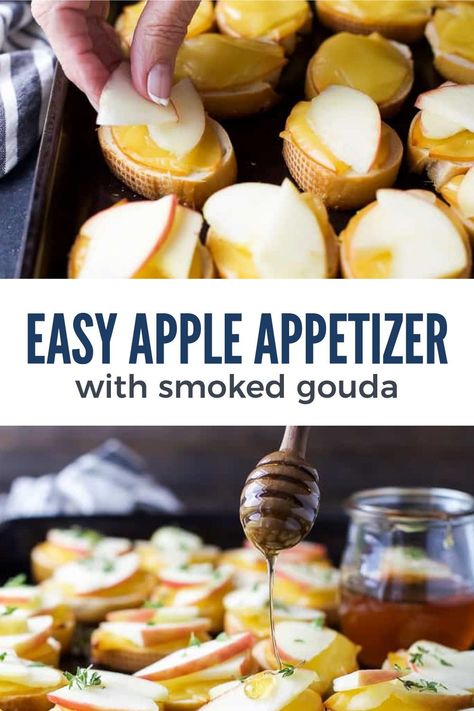 Apple Gouda Appetizer, Smoked Gouda Appetizers, Smoked Gouda Charcuterie Board, Smoked Gouda Pairing, Gouda Recipes Healthy, Appetizers With Bread Slices, Apple Cheese Recipes, Gouda Cheese Board, Apple Crostini Appetizers