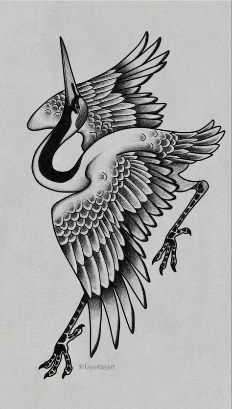 Crane Tattoo Design Ideas, Crane American Traditional Tattoo, Dark Animals Tattoo, Crane Wife Tattoo, Black Crane Tattoo, Japanese Traditional Crane Tattoo, Crane Tattoo Leg, Old Art Tattoo, Traditional Japanese Art Tattoo