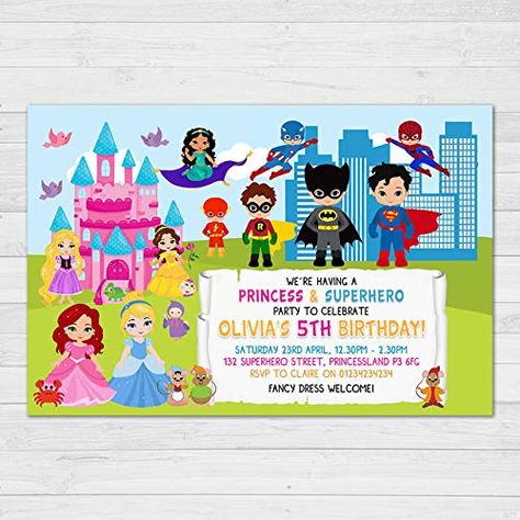 Princess And Superhero Party, Superhero Birthday Party Invitations, Boy Party Invitations, Princess Invitation, Superhero Invitations, Princess Birthday Invitations, Birthday Party Invites, Princess Invitations, Superhero Birthday Party