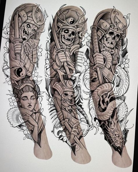 Samurai Mask Tattoo Stencil, Sleeve Starter Tattoo, Japanese Skull Tattoo Design, Japanese Half Sleeve Tattoo Design, Traditional Japanese Samurai Tattoo, Japanese Sleeve Design, Japanese Samurai Tattoo Design, Samurai Sleeve Tattoo, Japenses Tatoos Design