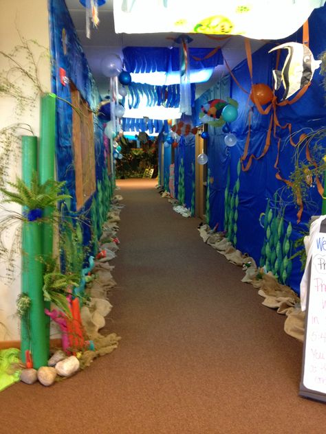 Underwater ocean hallway Deep Sea Discovery Vbs, Ocean Commotion Vbs, Sea Images, Submerged Vbs, Ocean Vbs, Ocean Commotion, Under The Sea Decorations, Ocean Theme Classroom, Vbs Themes