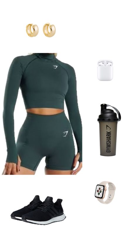 Imagine a sleek gym ensemble featuring green athletic shorts paired with a moisture-wicking, fitted top. Enhance the look with a pair of black Addis sneakers for both style and functionality. Accessorize with gold earrings, while an Apple Watch adorns your wrist for fitness tracking. Complete the ensemble with AirPods for your workout playlist, and stay hydrated with a Gymshark water bottle, creating a trendy and practical workout aesthetic. Workout Playlist, Track Workout, Workout Aesthetic, Gym Style, Active Lifestyle, Gym Wear, Athletic Shorts, Workout Gear, You Fitness