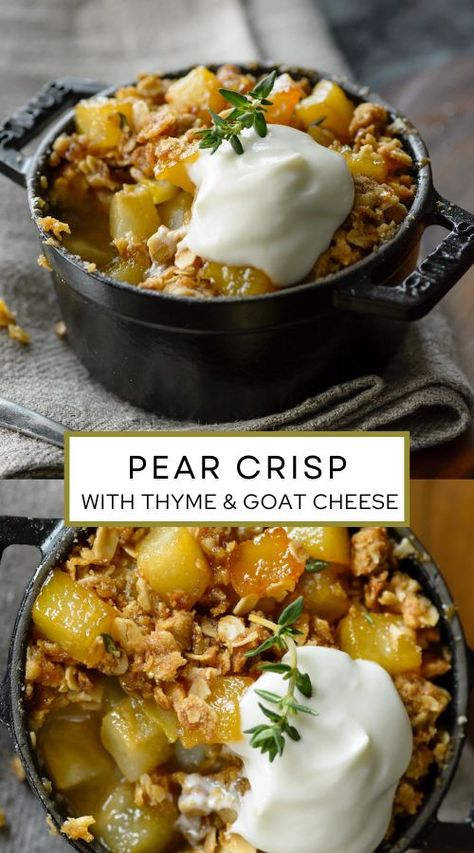 Delicious Pear and Thyme Crisp recipe with goat cheese mousse and lavender honey! This is a gourmet twist on an old fashioned crisp that's super easy to make. Combine pear filling in an 8x8 pan and cover with streusel oat topping. While crisp bakes mix together the quick goat cheese mousse. The perfect comfy and healthy fall dessert! Bake this pear crisp recipe with oats for your next holiday. Great for a crowd and serves 6-8. Pears are now in season! Find more healthy recipes at USAPears.org. Recipe With Goat Cheese, Goat Cheese Mousse, Pear Crisp Recipe, Pear Filling, Healthy Christmas Dinner, Recipe With Oats, Quick Easy Side Dishes, Pear Cobbler, Cheese Mousse